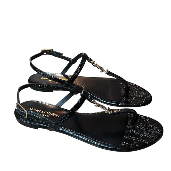 Saint Laurent Cassandra Flat Sandal Black Patent Leather Black NEW EU 36 US 6 - Picture 1 of 14